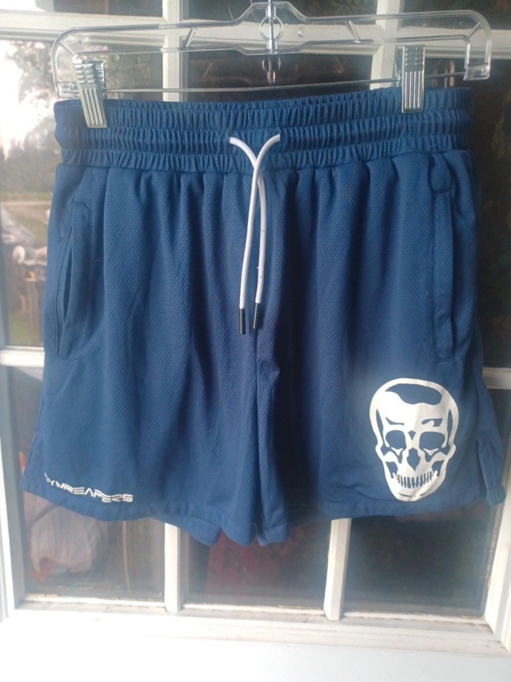 Men's Blue Athletic Drawstring Shorts with White Skull Accent